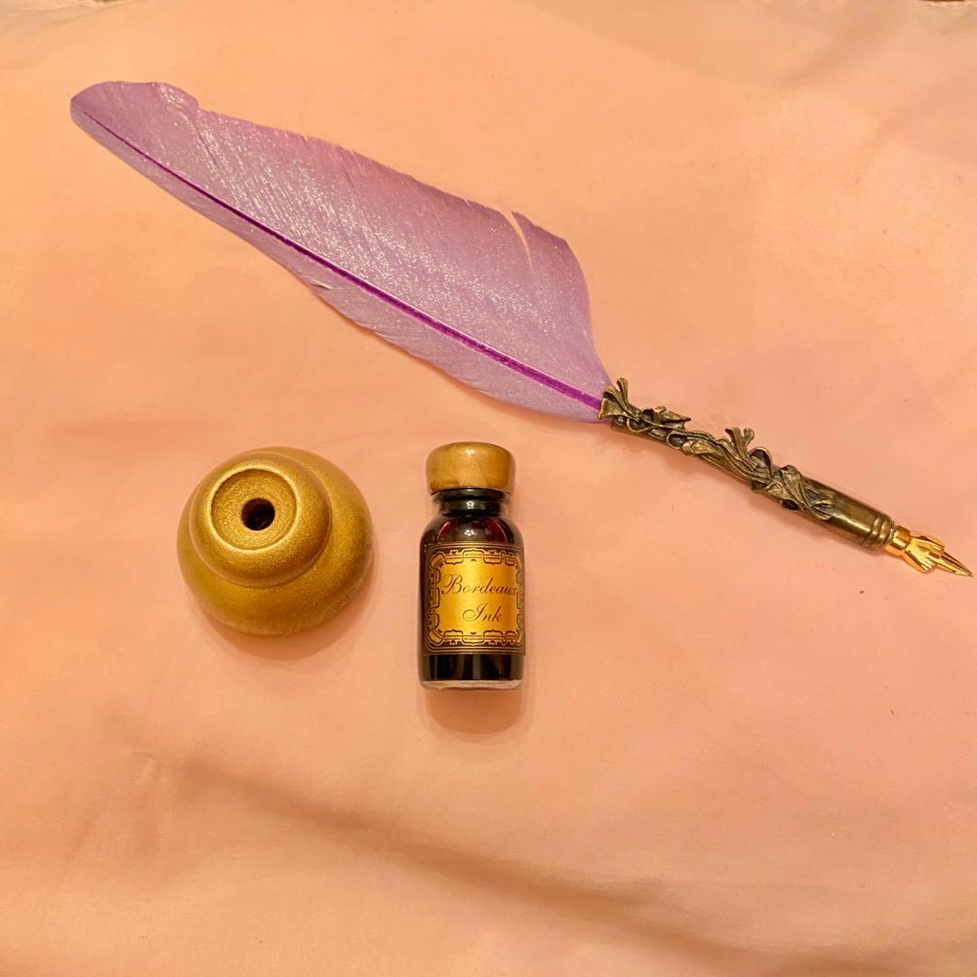 Antique Purple Feather Quill Pen with Ink & Stand - New, Vintage Collectible | Suadpens