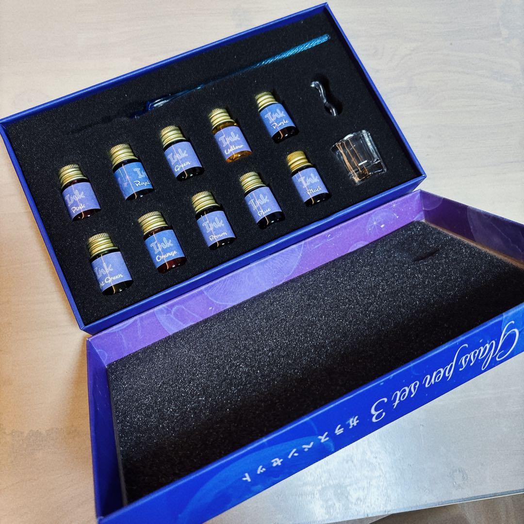 Blue Glass Pen Set Fountain Pen with 10 Ink Colors New Stationery | Suadpens