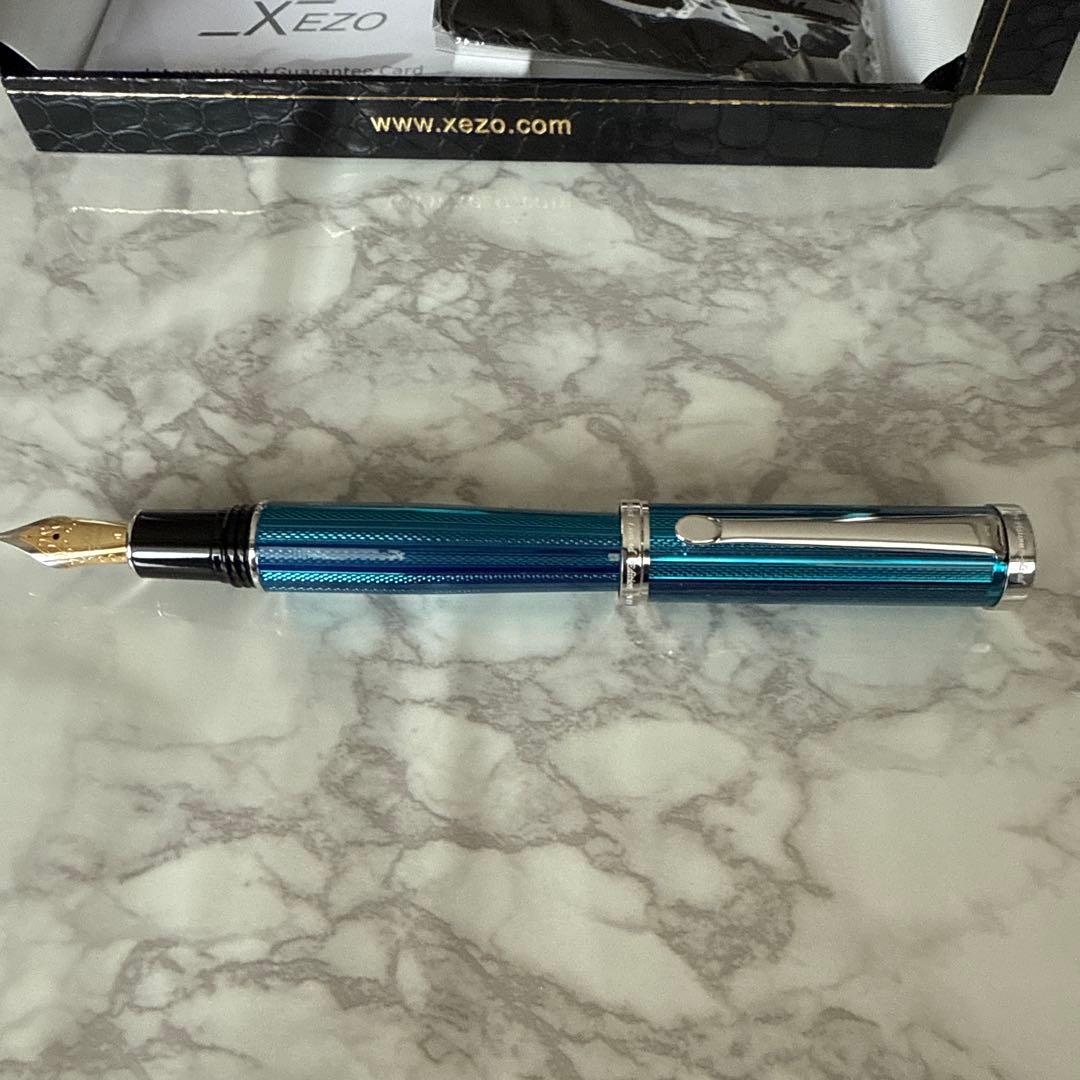 Xezo Deep Blue Fountain Pen Brass Platinum M Nib Unused | Suadpens