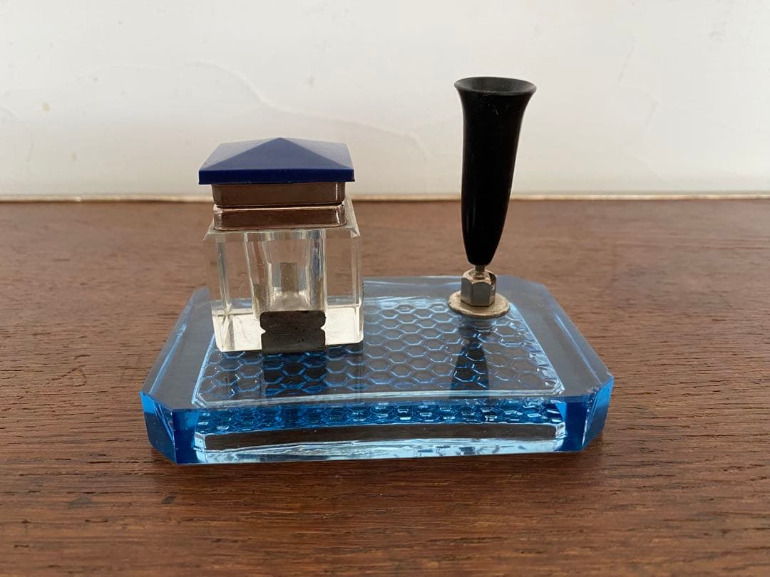 Blue Glass Ink Bottle with Pen Holder, Showa Retro Old Tools, Used 11.7x7x8.5cm | Suadpens