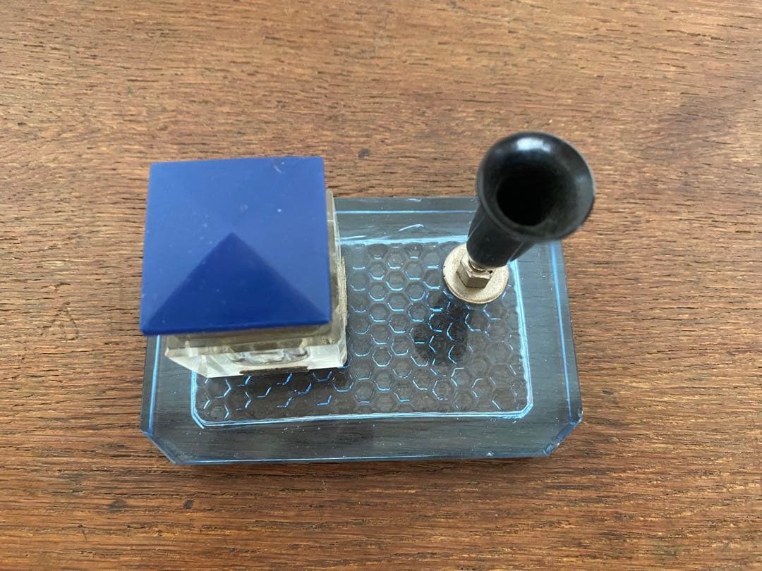 Blue Glass Ink Bottle with Pen Holder, Showa Retro Old Tools, Used 11.7x7x8.5cm | Suadpens