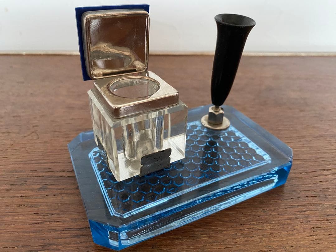 Blue Glass Ink Bottle with Pen Holder, Showa Retro Old Tools, Used 11.7x7x8.5cm | Suadpens