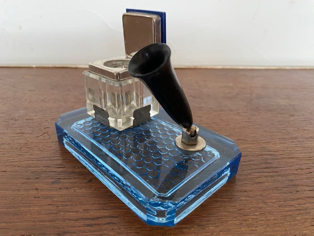 Blue Glass Ink Bottle with Pen Holder, Showa Retro Old Tools, Used 11.7x7x8.5cm | Suadpens