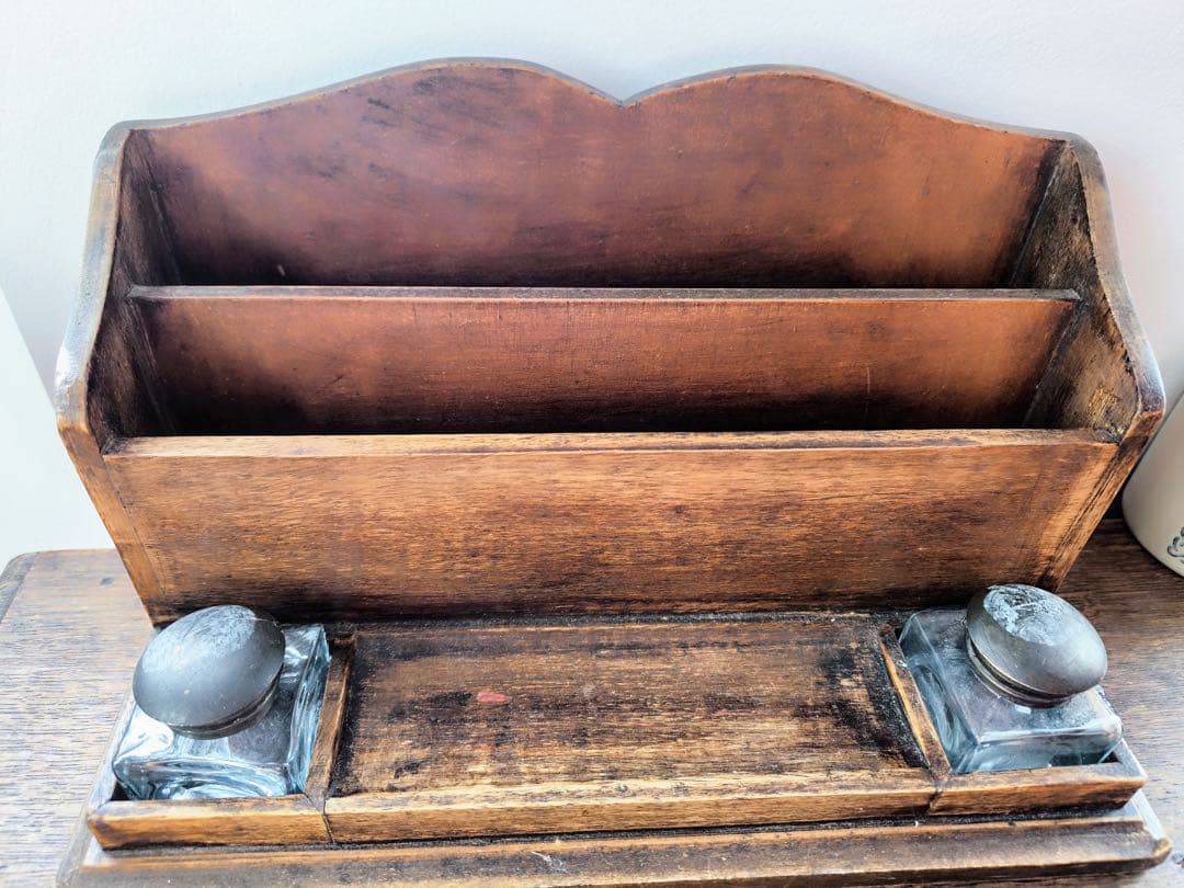 Vintage Wooden Letter Rack with Inkwell - French Antique, Used | Suadpens