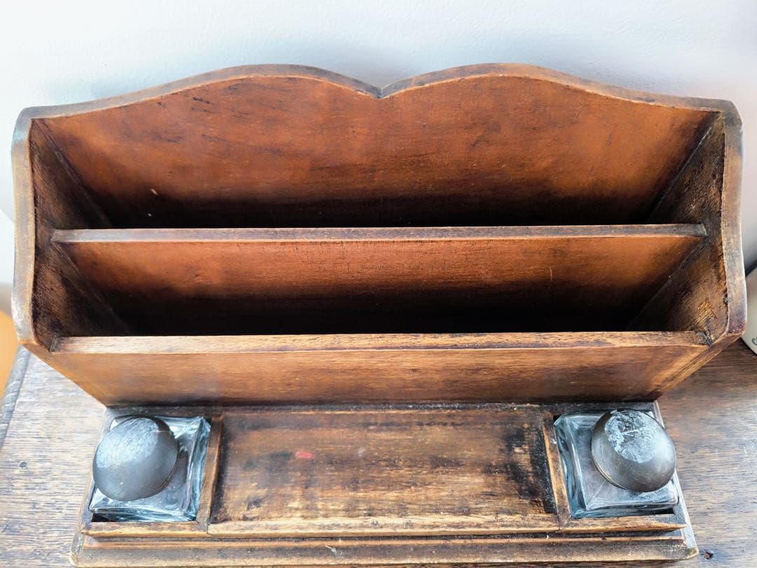 Vintage Wooden Letter Rack with Inkwell - French Antique, Used | Suadpens