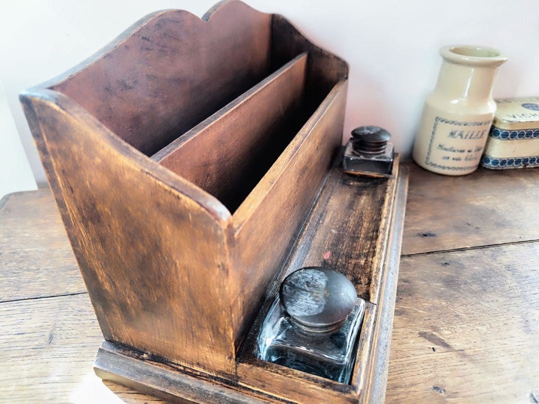 Vintage Wooden Letter Rack with Inkwell - French Antique, Used | Suadpens