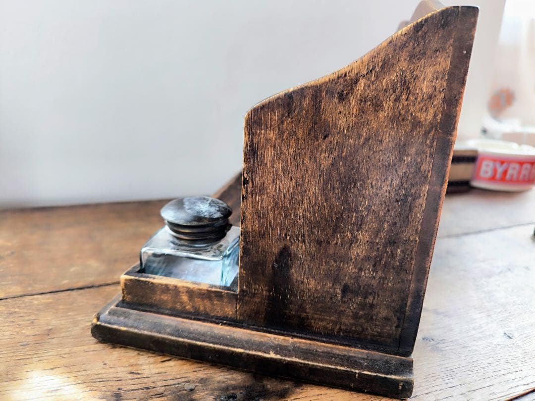 Vintage Wooden Letter Rack with Inkwell - French Antique, Used | Suadpens