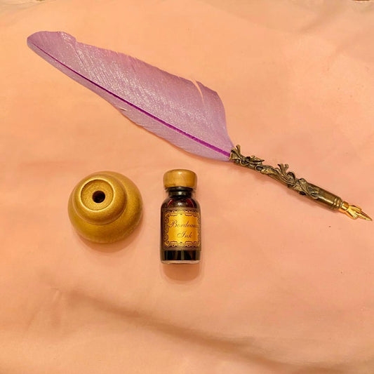 Antique Purple Feather Quill Pen with Ink & Stand - New, Vintage Collectible | Suadpens