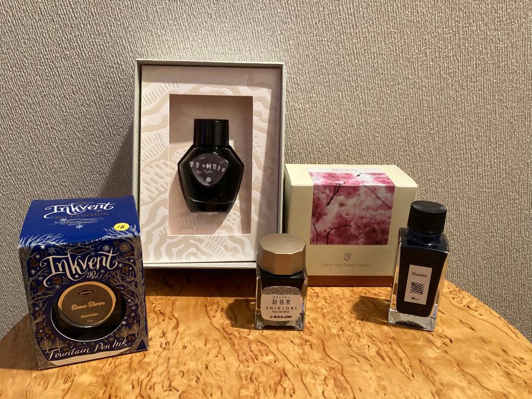 Faber-Castell Night Sakura Ink, Diamine Snowstorm, Kakimori SLEEPER, Rikyucha Us | Suadpens