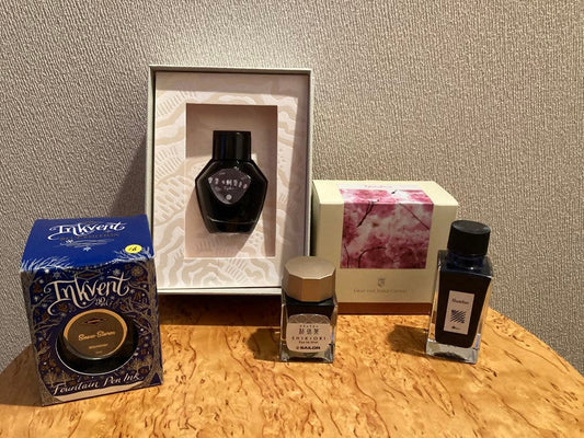 Faber-Castell Night Sakura Ink, Diamine Snowstorm, Kakimori SLEEPER, Rikyucha Us | Suadpens